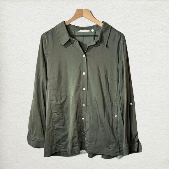 Soft Surroundings Green Tencel Cotton blend Roll Tab Sleeves Button Down Top XL - Picture 1 of 10